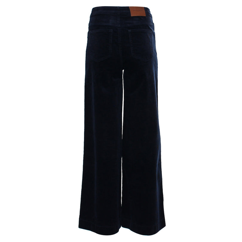 Navy wide-leg pants with a brown patch on a white background