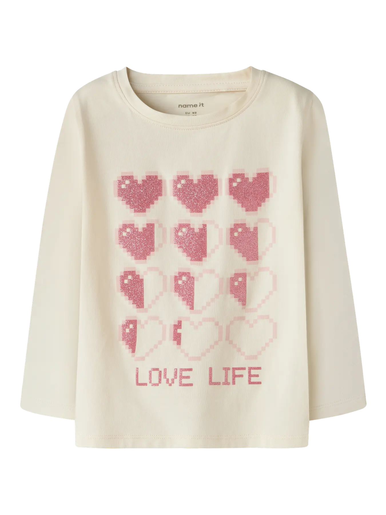 An off-white long-sleeve crewneck sweatshirt featuring a pink pixelated heart pattern and the text 'LOVE LIFE' printed on the front.