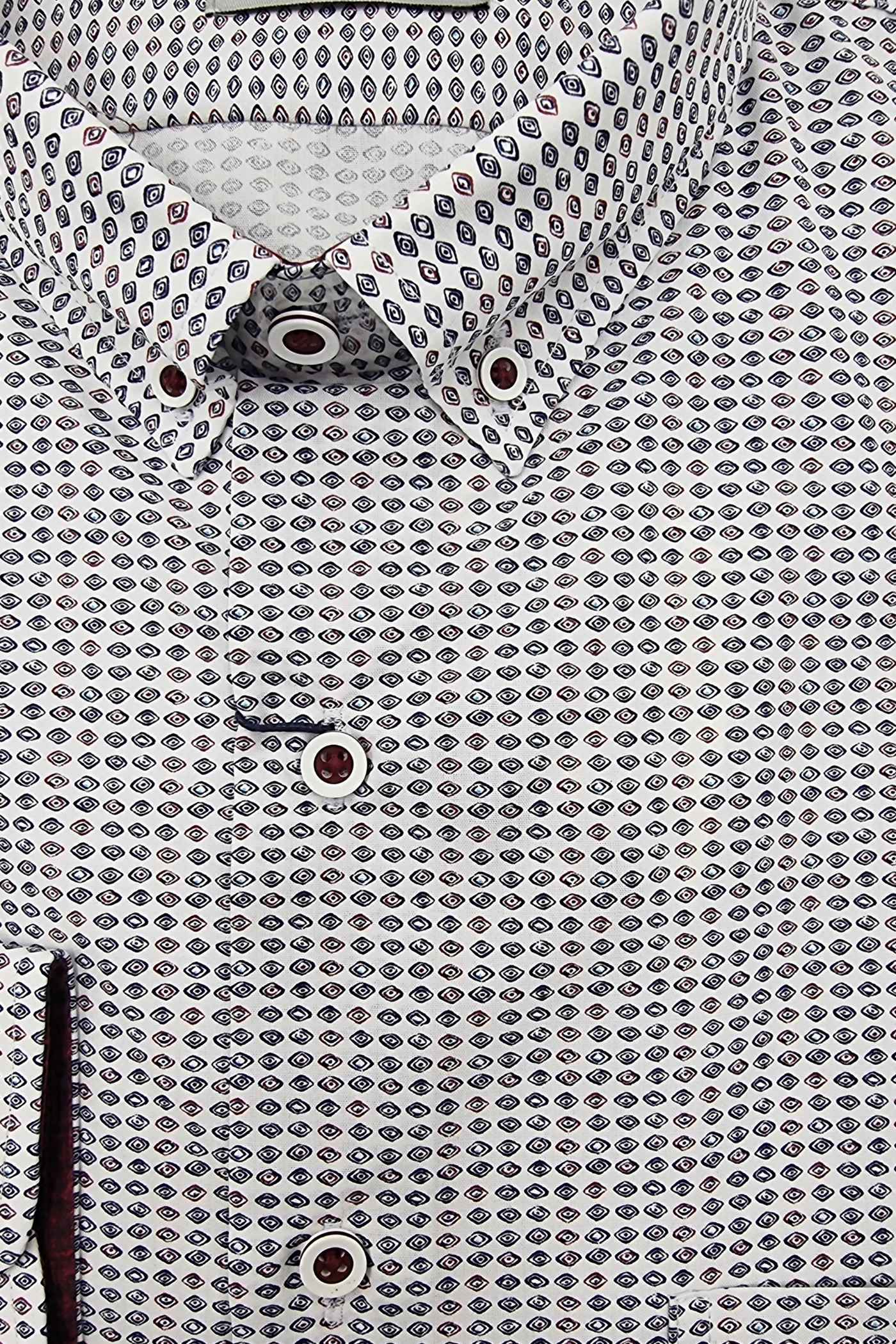 Men's Araiz White with Navy/Red Diamond Print Shirt-Close Up View