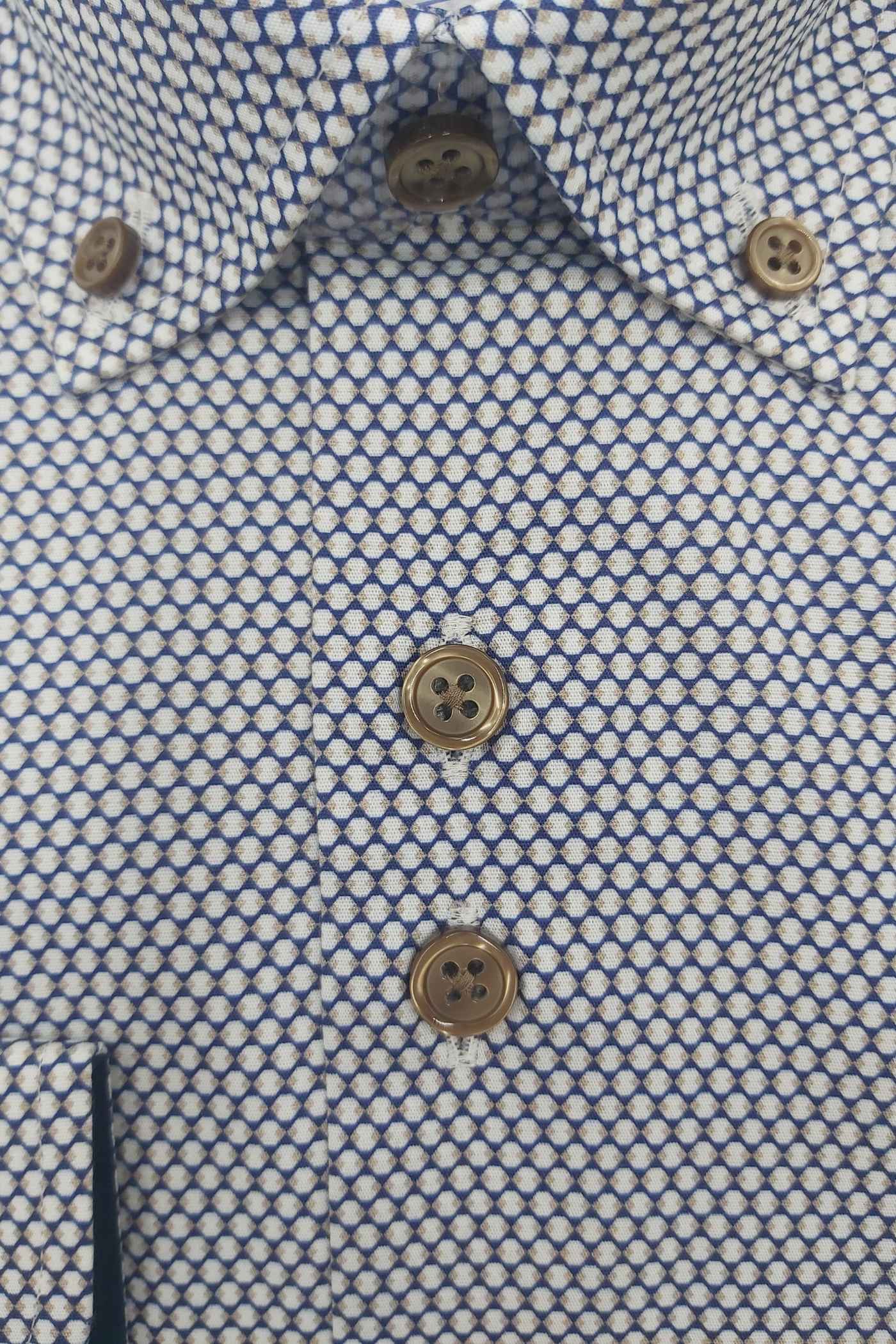 Men's Button Down Navy/White/Gold Circle Print Shirt-Close Up