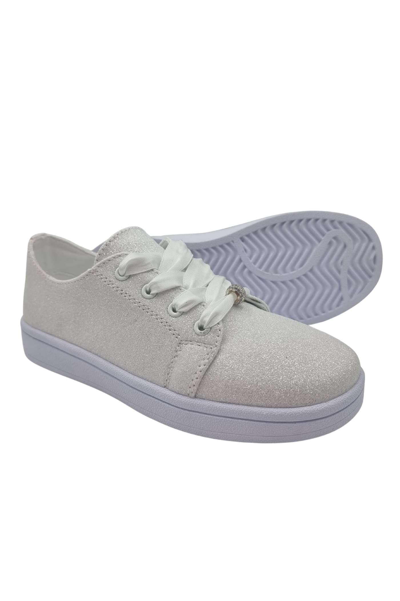 Side view of white glitter trainer for girls