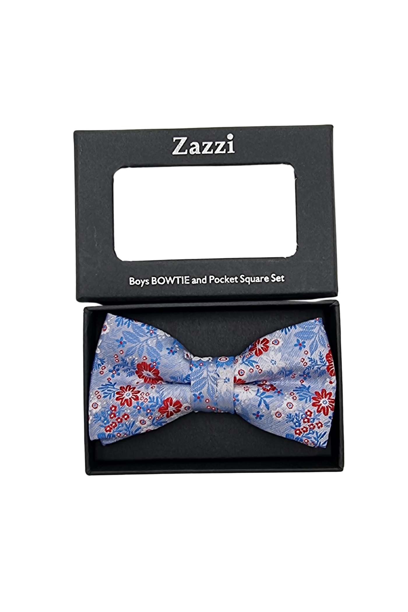 Floral Zazzi Boys Bow & Pocket Square Set-Sky Blue/Red