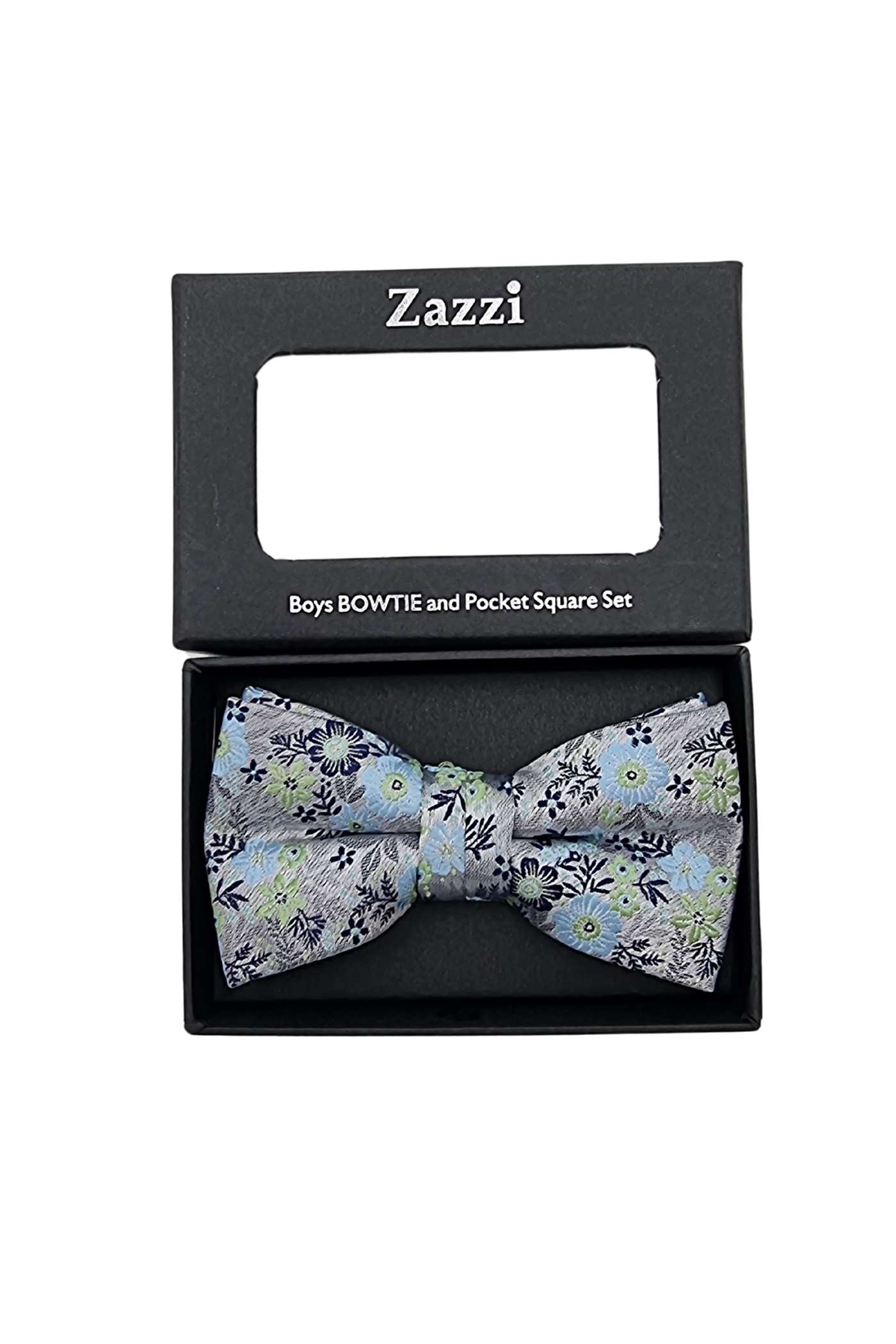 Floral Zazzi Boys Bow & Pocket Square Set-Silver/Green/Blue