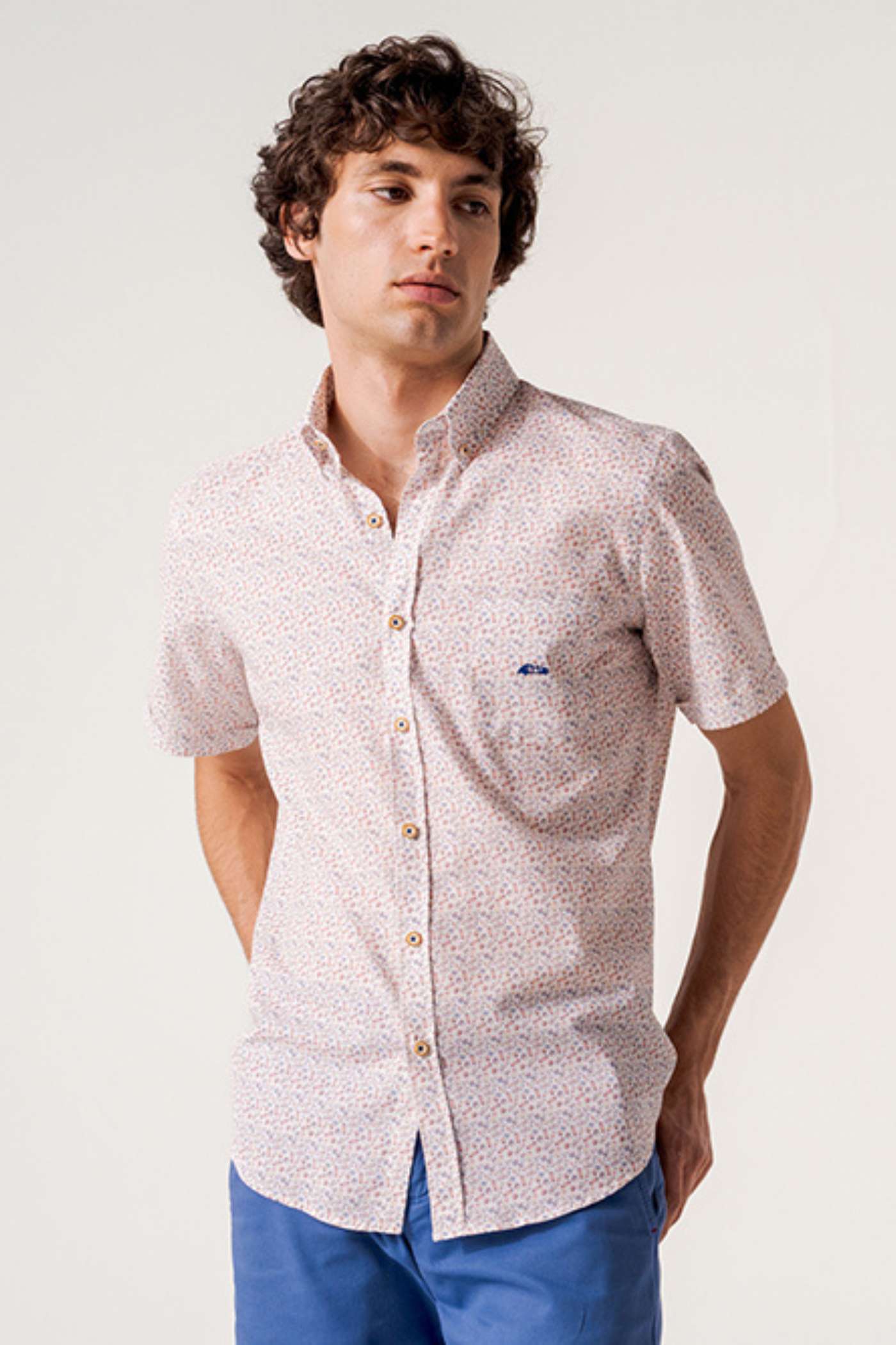 Men's Devanos Long Sleeve White/Burnt Orange Print Shirt-Front View