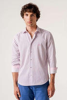 DARIO BELTRAN Agulo Pink / Navy Triangle Print Shirt Pink/Navy model front view