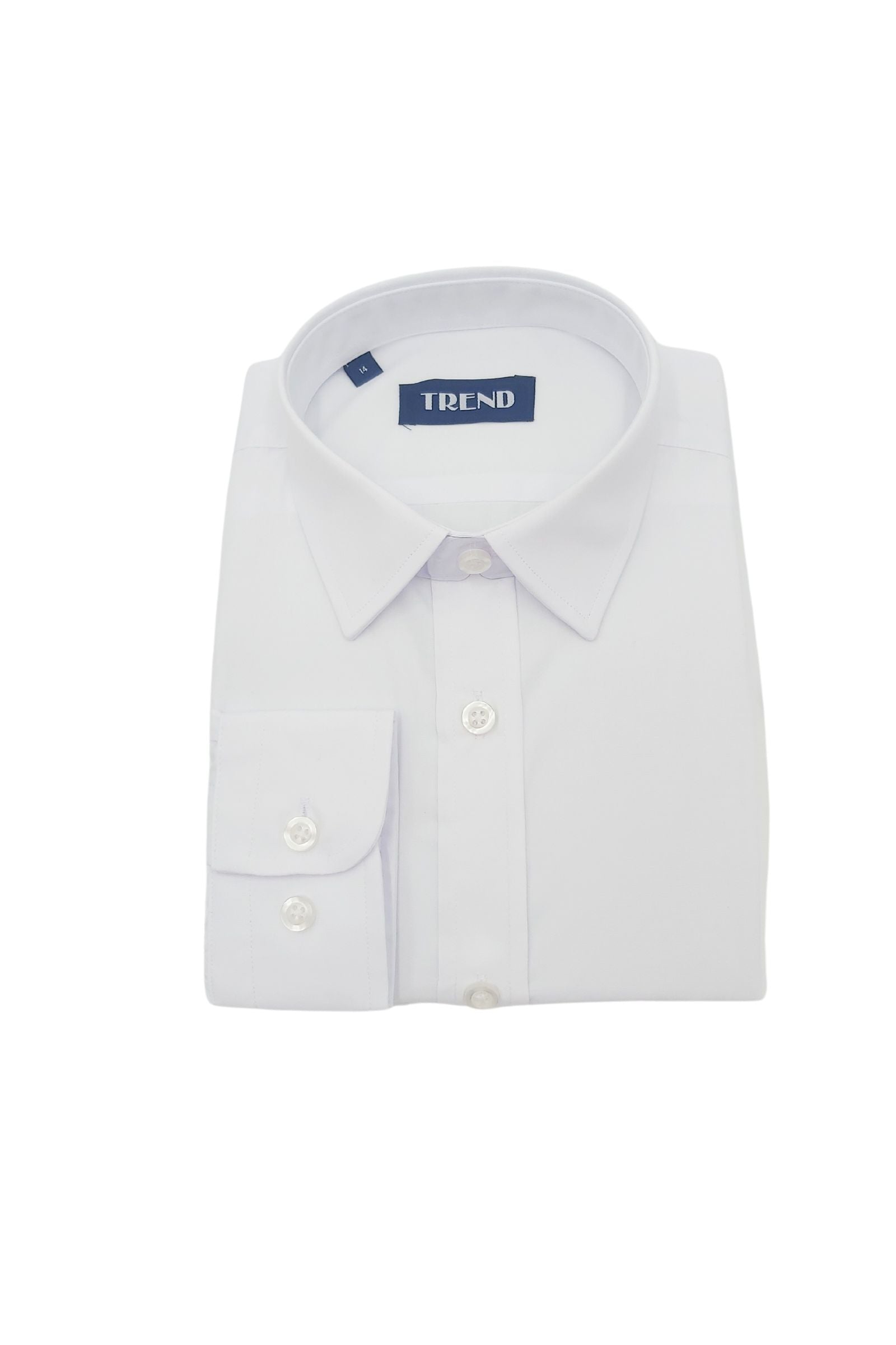 Front view of boys white long sleeve formal shirt