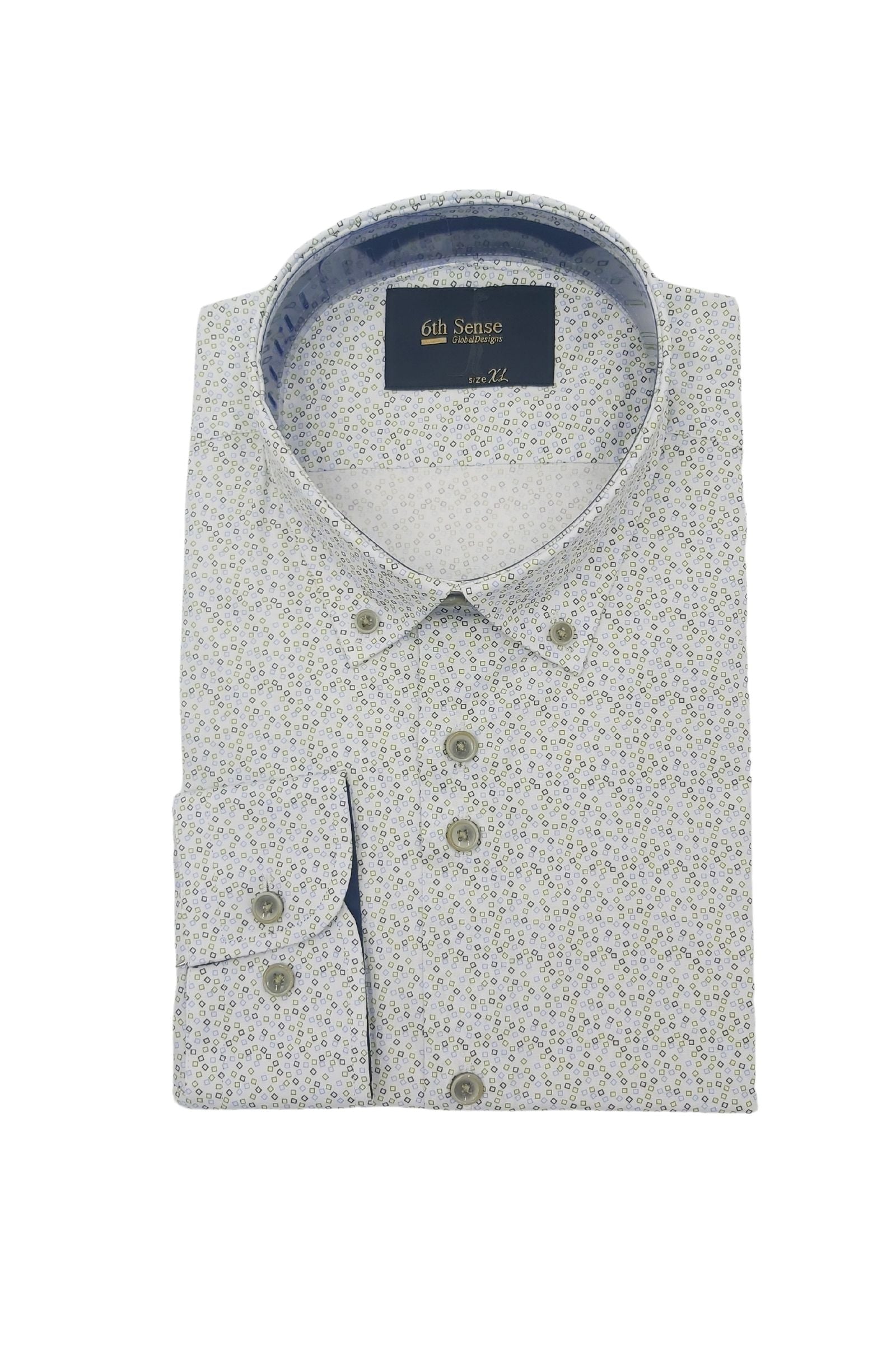 Men's Button Down Green/Blue Square Print Shirt-Front View