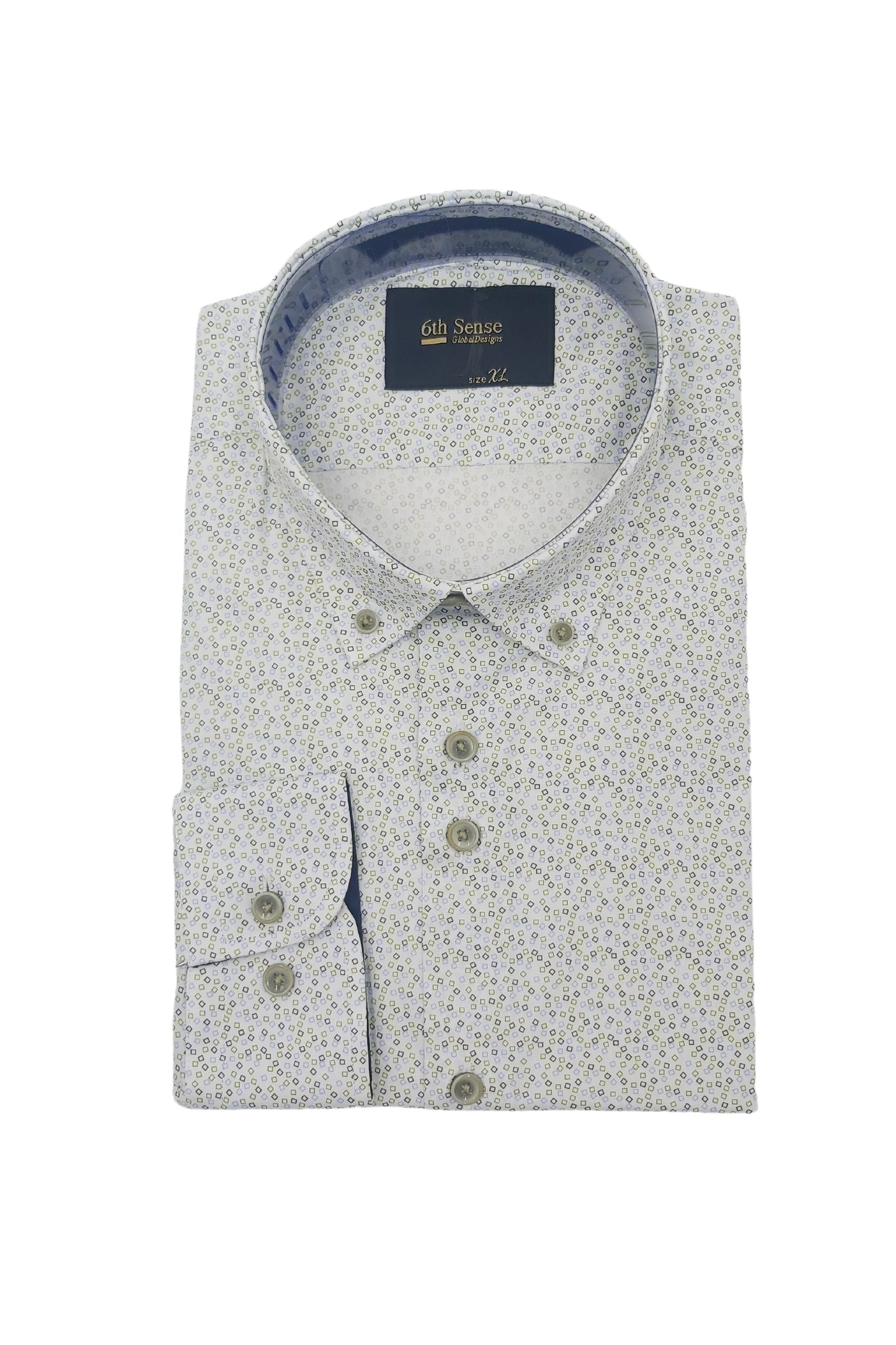 6TH SENSE Button Down Green/Blue Square Print Shirt Green/Blue front view