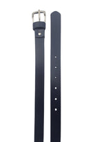 Close-up of the buckle and strap on the boys navy belt