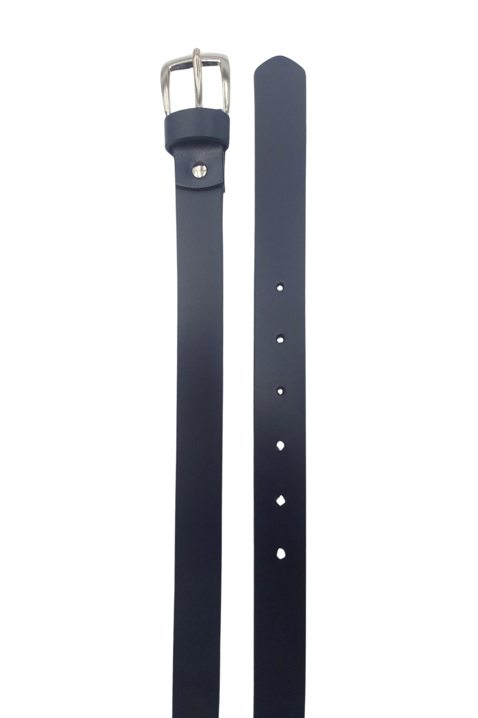 Close-up of the buckle and strap on the boys navy belt