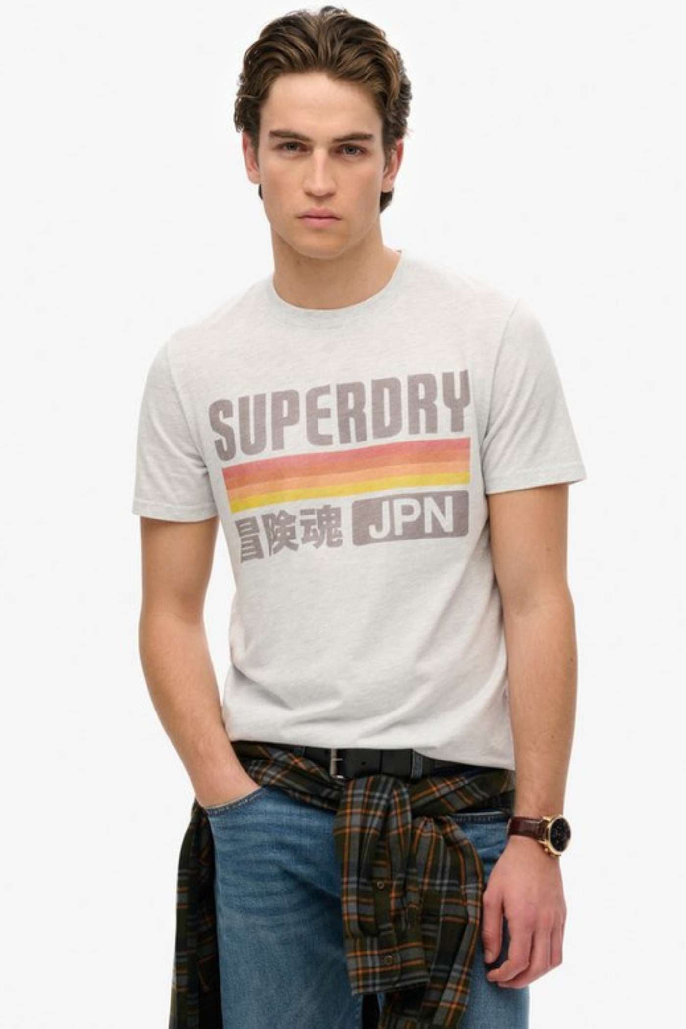 Men's Japan Stripe Relaxed Tee-Ice Grey Marl-Model Front View