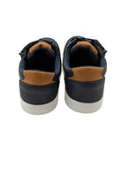 Heel view of boys navy dress shoes