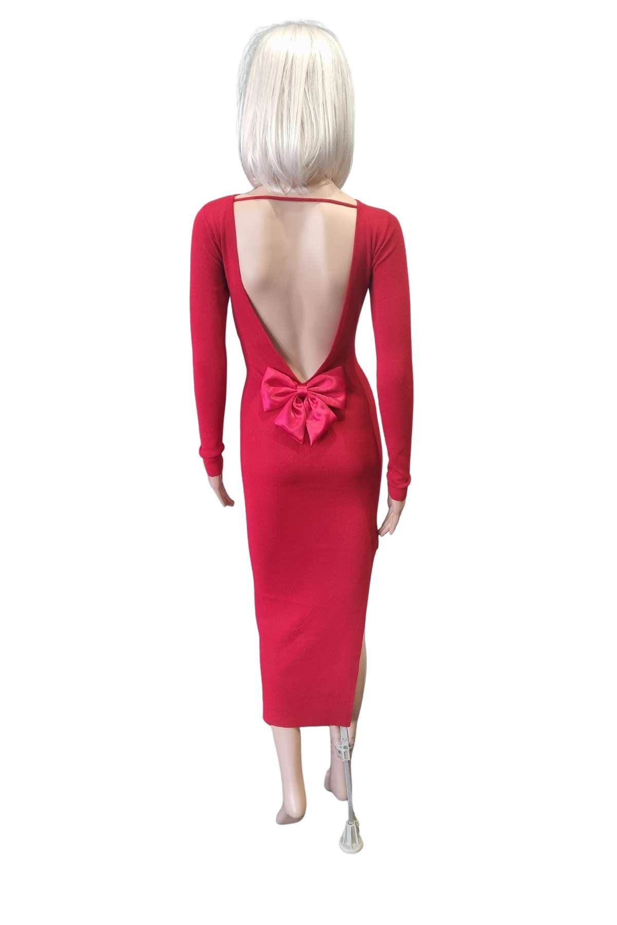 Ladies Midi Red Dress With Bow Detail On Back-Back View