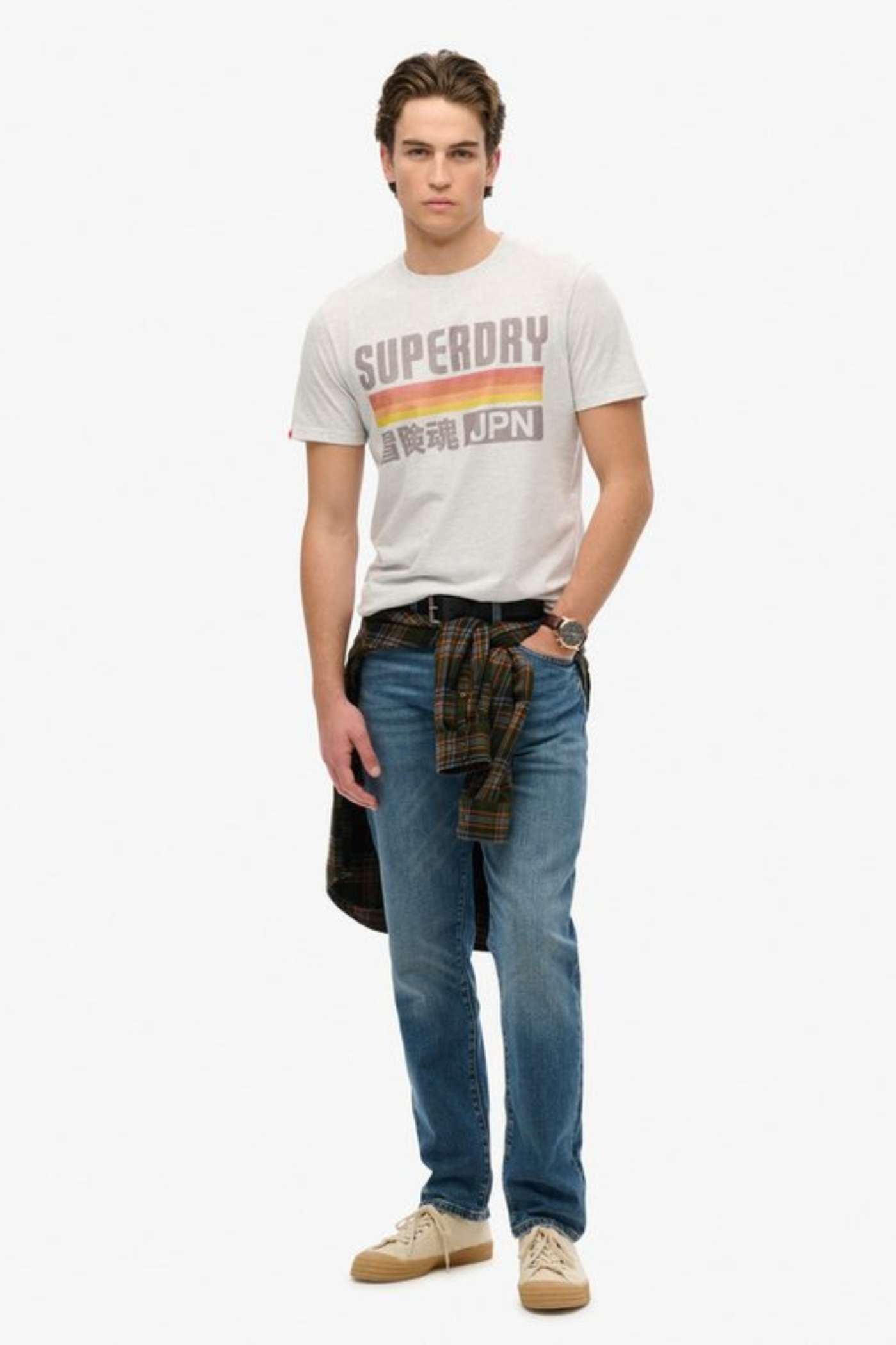 SUPERDRY Japan Stripe Relaxed Tee-Ice Grey Marl Ice Grey Marl model front view