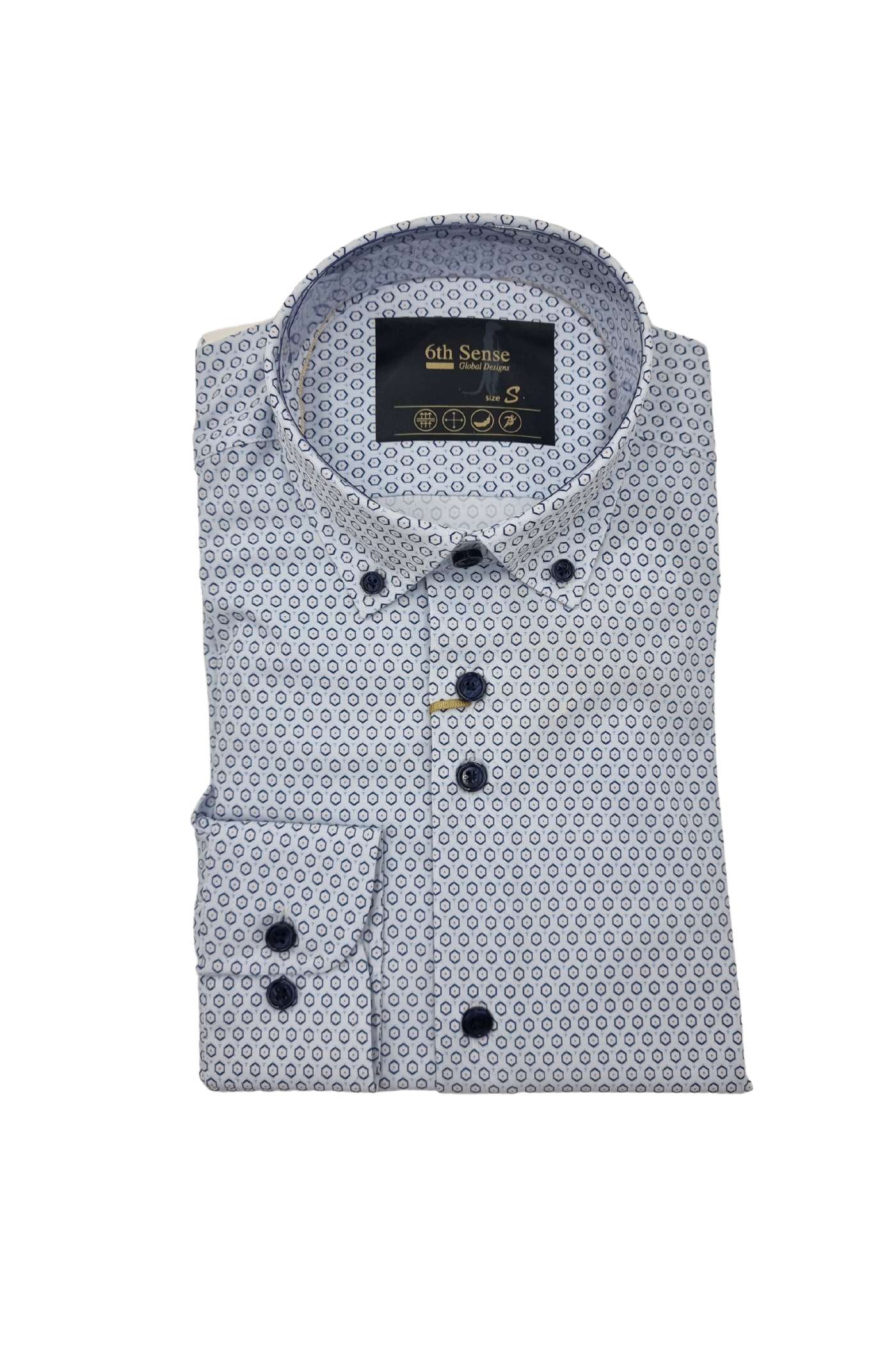 Men's Perform 3 Long Sleeve Navy/White/Yellow Hexagon Pattern Shirt-Front View