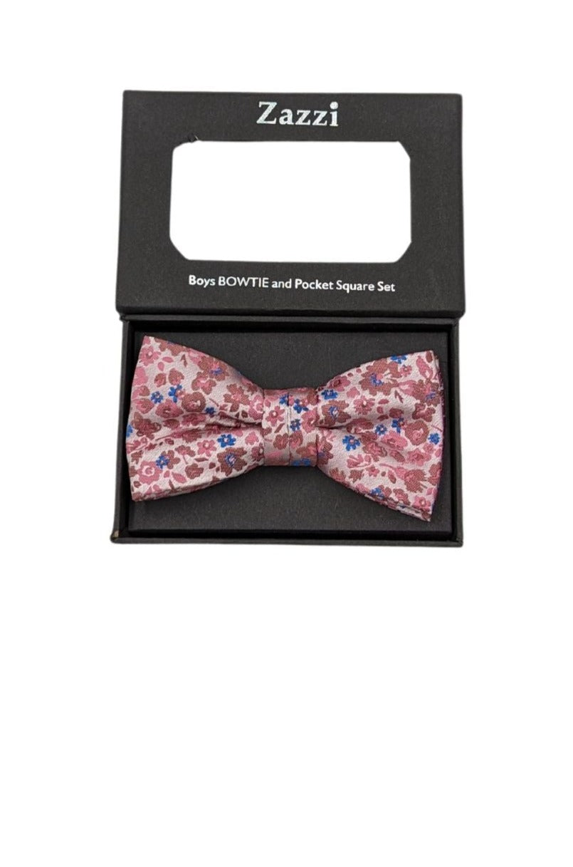 Zazzi Boyswear Pink/Blue Floral Boys Bow & Pocket Square Pink/Blue front view