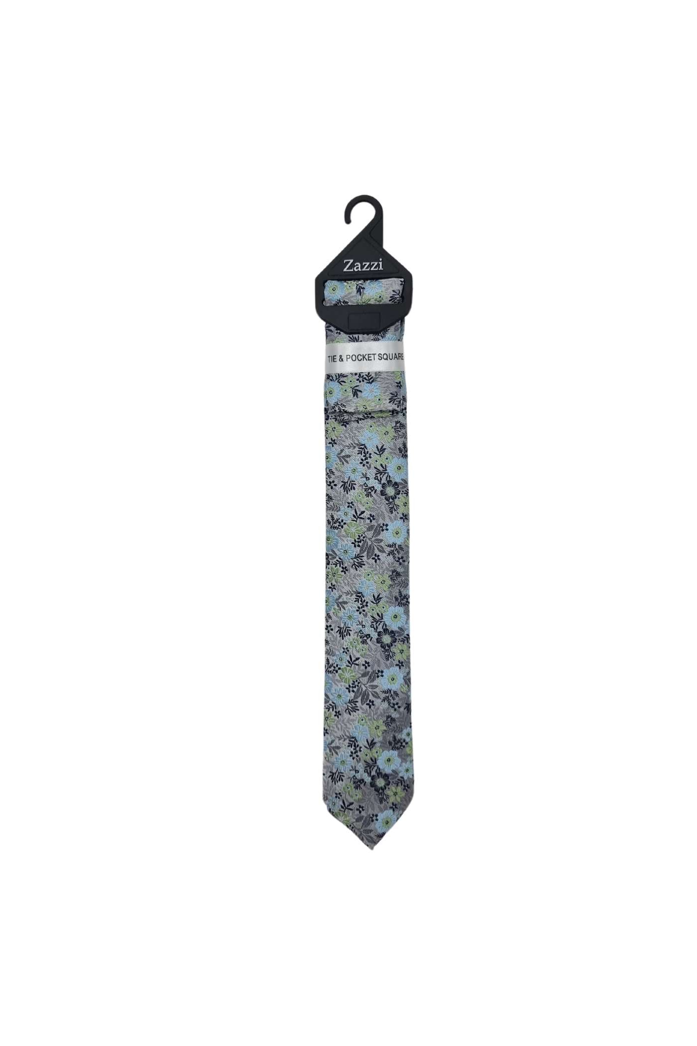 Boys Floral Tie & Pocket Square-Silver/Green/Blue