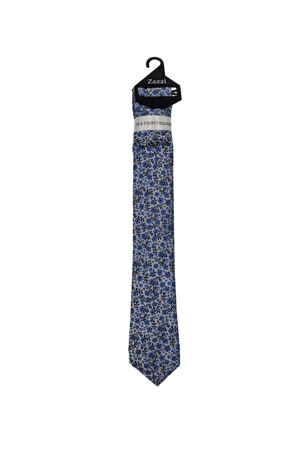 Zazzi Boyswear Boys Silver/Blue Floral Tie & Pocket Square Set Silver/Blue front view