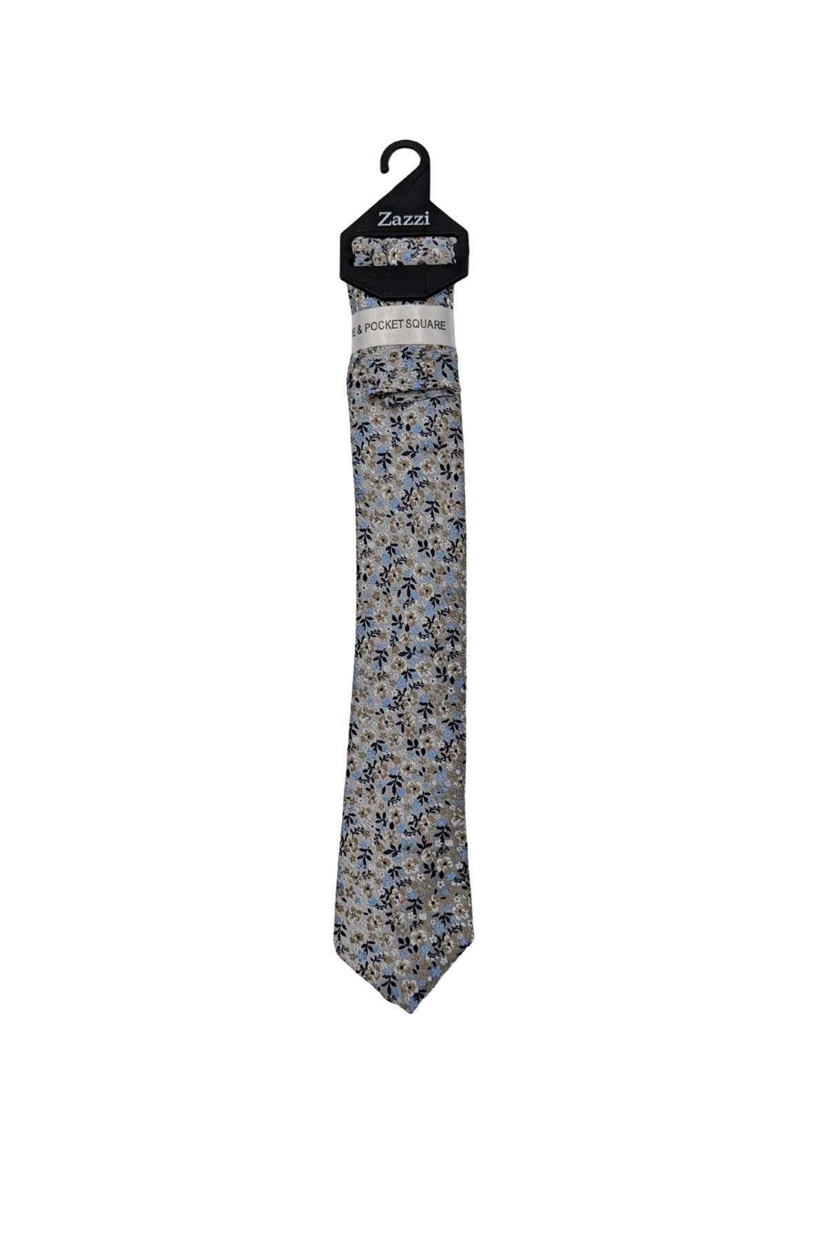 Zazzi Boyswear Boys Beige/Blue Floral Tie & Pocket Square Set Beige/Blue front view