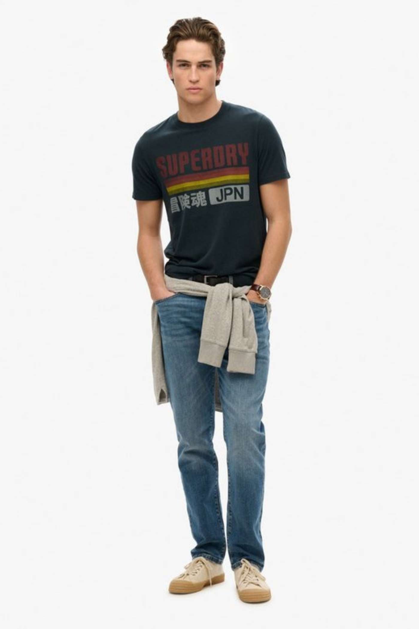 SUPERDRY Japan Stripe Relaxed Tee-Eclipse Navy ECLIPSE NAVY model front view