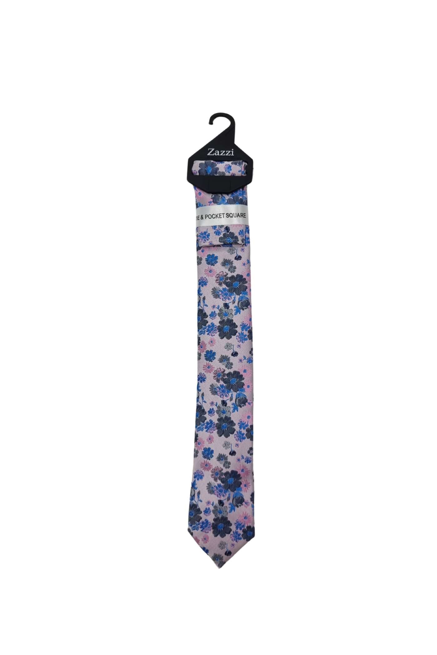 Zazzi Boyswear Kid Boys Floral Tie & Pocket Square Set-Pink/Royal Blue Pink/Royal Blue front view