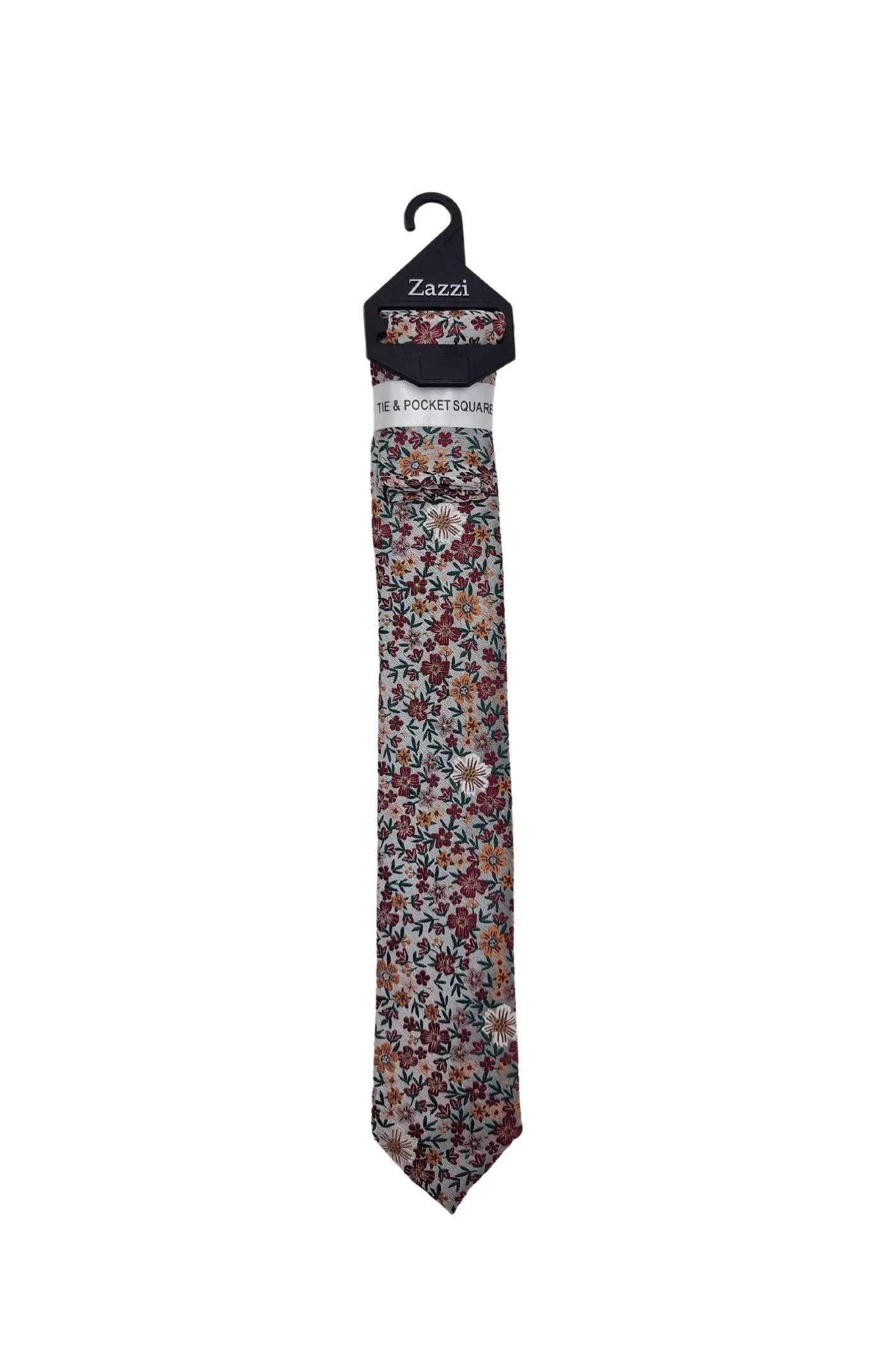 Zazzi Boyswear Kid Boys Floral Tie & Pocket Square Set-Beige/Orange/Burgundy Beige/Orange/Burgundy front view