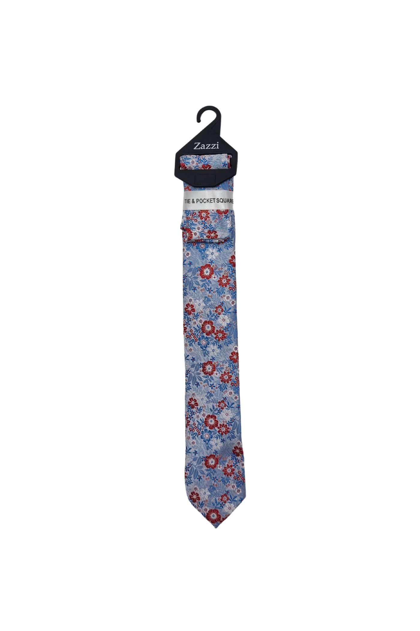 Zazzi Boyswear Kid Boys Floral Tie & Pocket Square-Sky Blue/Red Sky Blue/Red front view