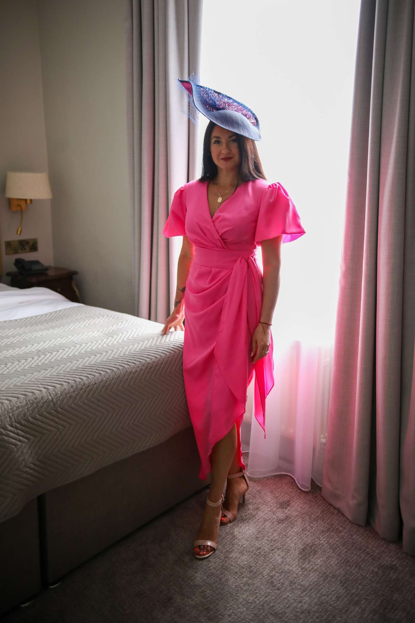 Julianna in Drew Puff Sleeve Wrap Front Midi Cerise Dress