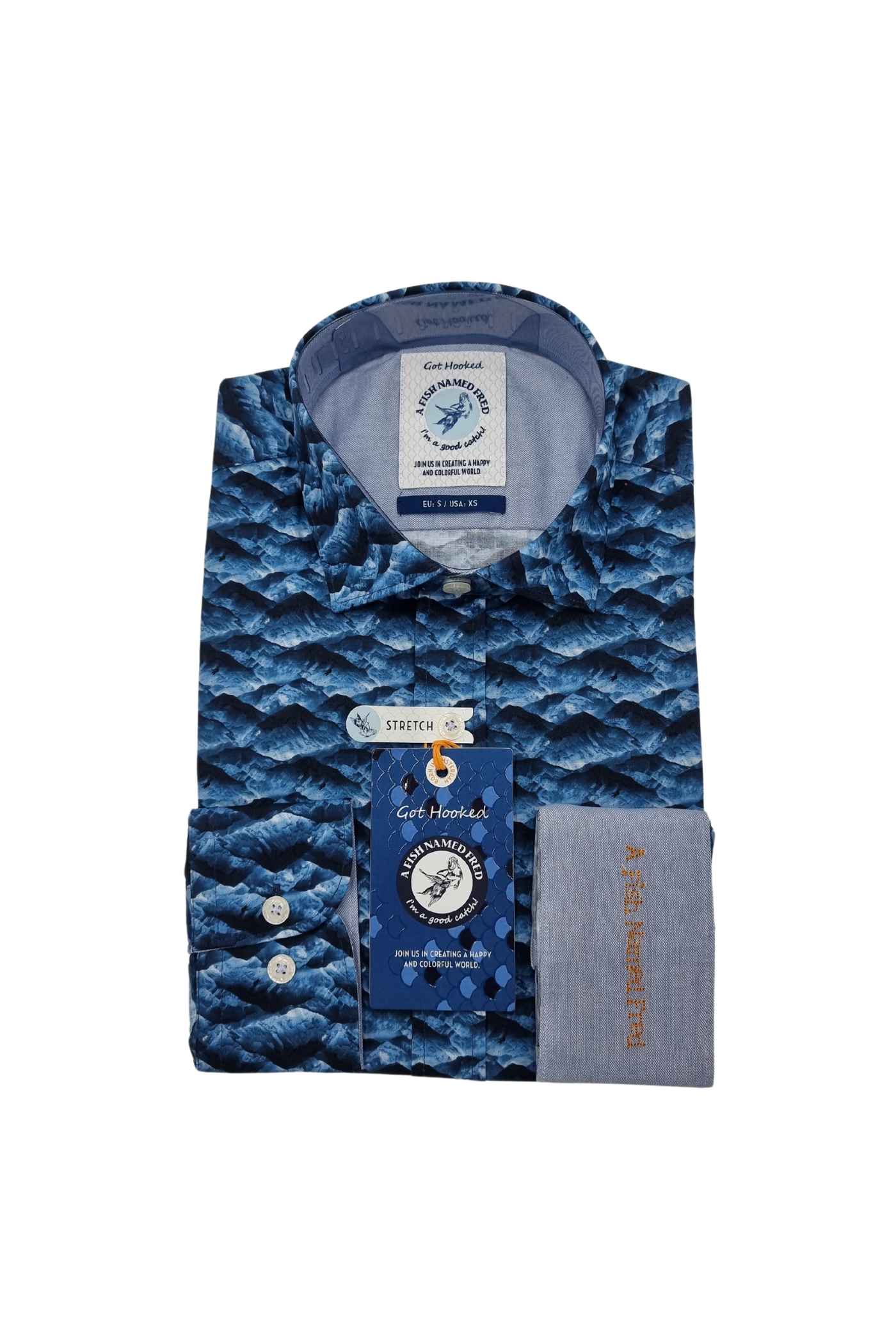 A Fish Named Fred Classic Blue Shirt With Rocky Mountain Pattern Classic Blue back view