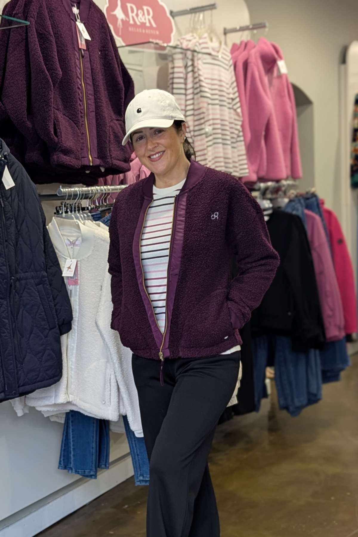 Close Up of Relax & Renew Heidi Borg Bomber Jacket-Plum on Tina