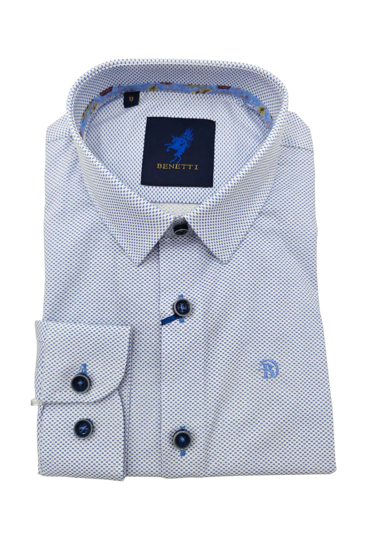 Boy white dress shirt with blue pattern and buttons on a white background