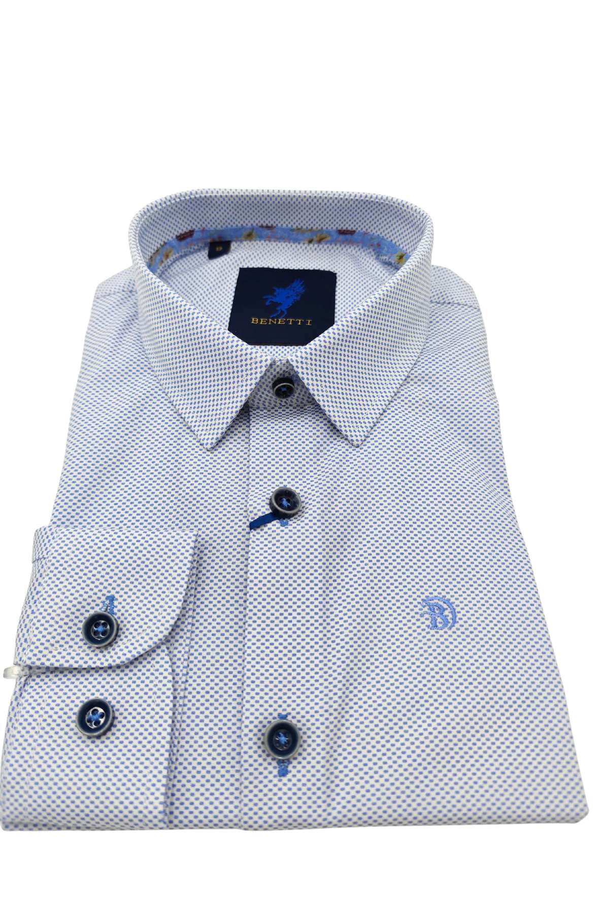 Folded boys white dress shirt with blue patterns and buttons on a white background