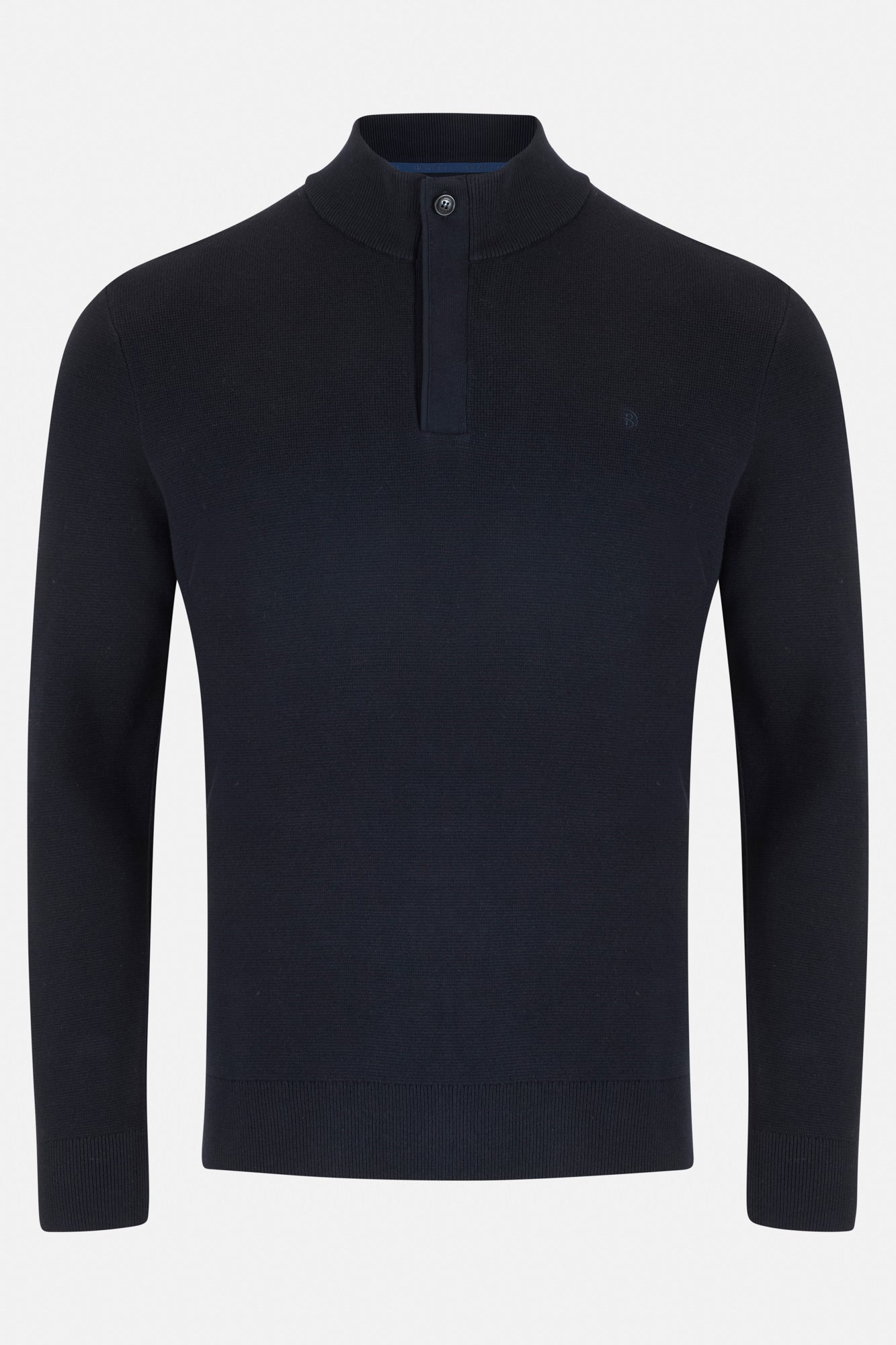 Navy long-sleeve knit with a quarter zip on a white background