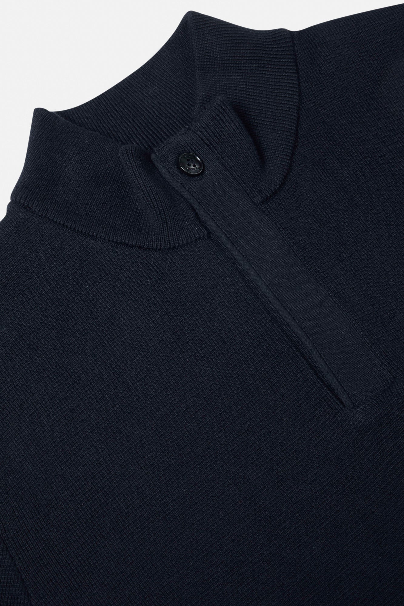 Close-up of a dark blue garment with a button on a light gray background