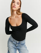 Tally Weijl Black Ribbed Basic Bodysuit BLACK model front view