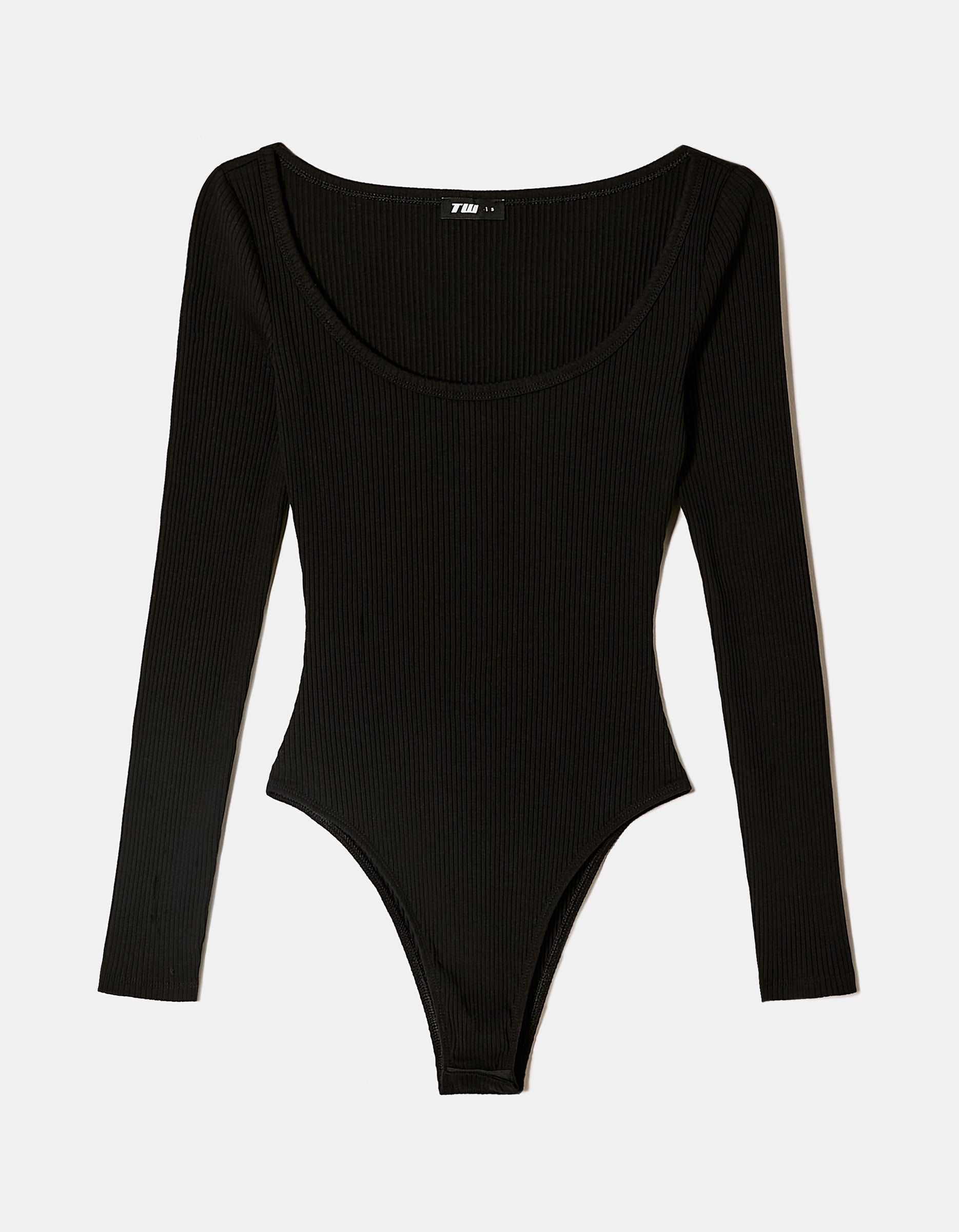 Ladies Black Ribbed Basic Bodysuit-Ghost Front View