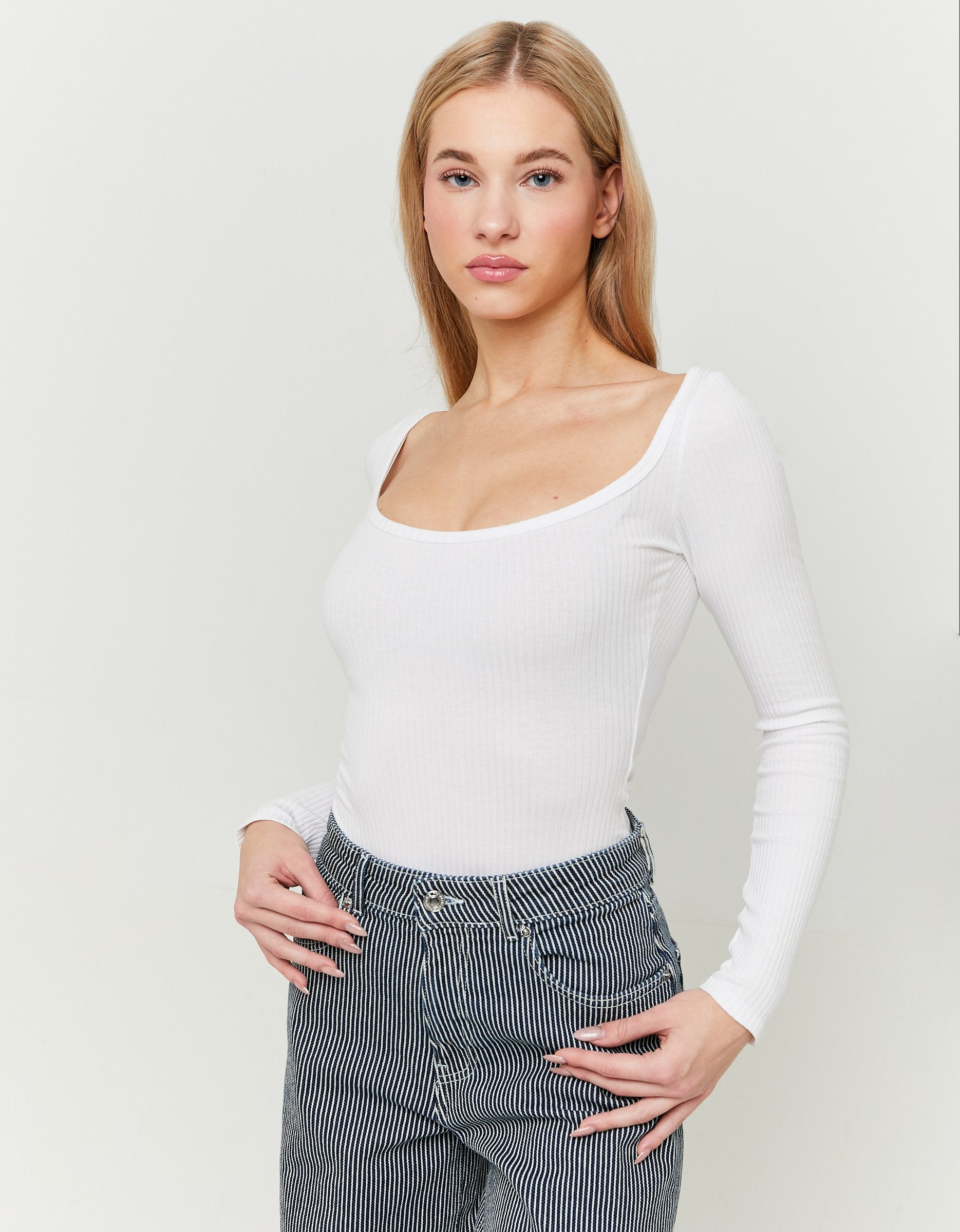 Tally Weijl White Ribbed Basic Bodysuit White front view