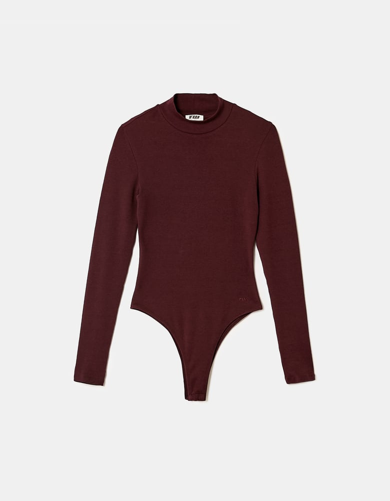 Ladies Burgundy Basic Bodysuit With High Neck-Ghost Front View