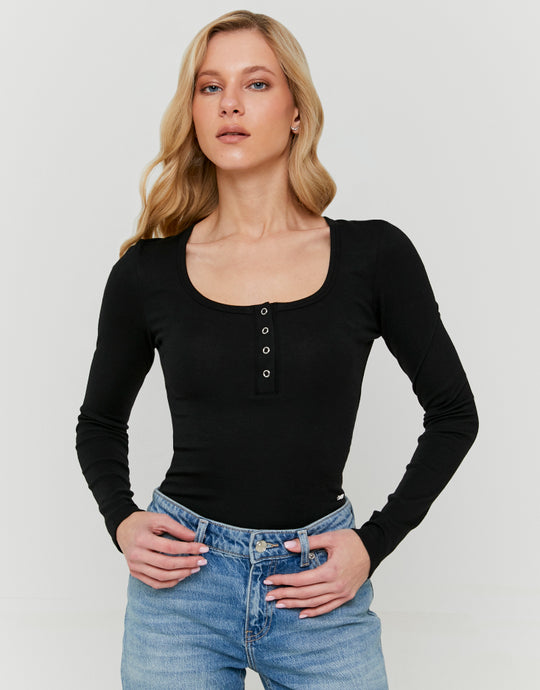 Ladies Black Buttoned Long Sleeve Bodysuit-Model Front View 2