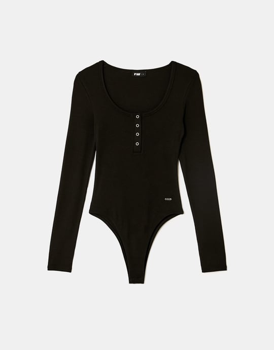 Ladies Black Buttoned Long Sleeve Bodysuit-Ghost Front View