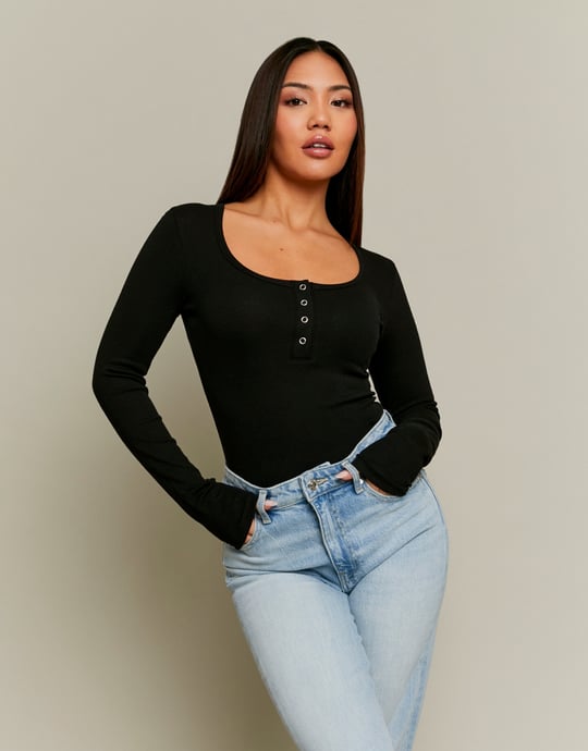 Ladies Black Buttoned Long Sleeve Bodysuit-Model Front View