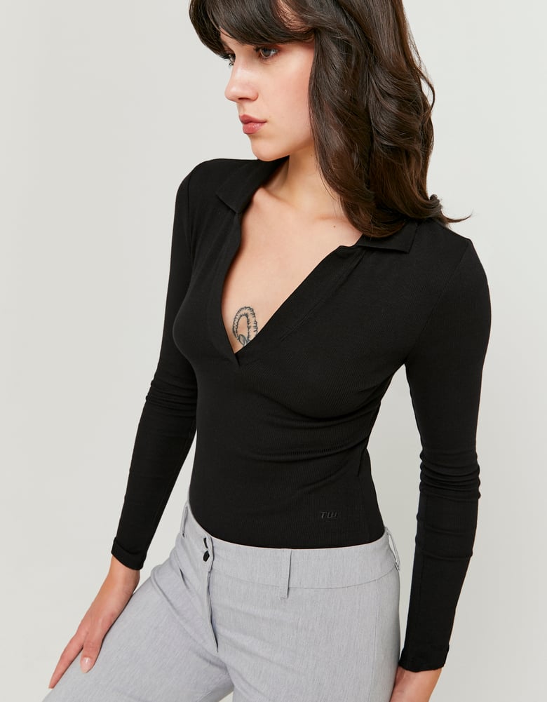 Ladies Black V-Neck BodySuit-Closer View of the Front