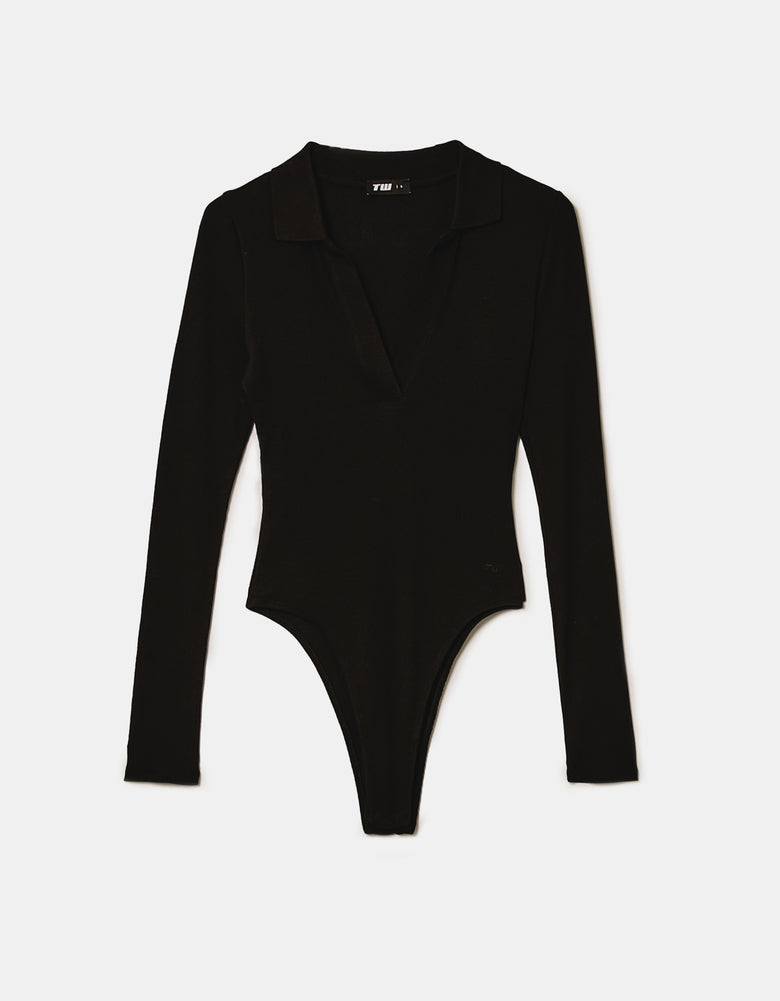 Ladies Black V-Neck BodySuit-Ghost Front View