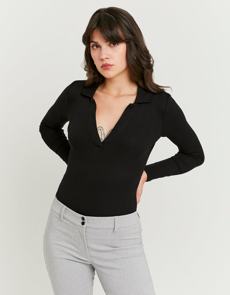 Ladies Black V-Neck BodySuit-Model Front View
