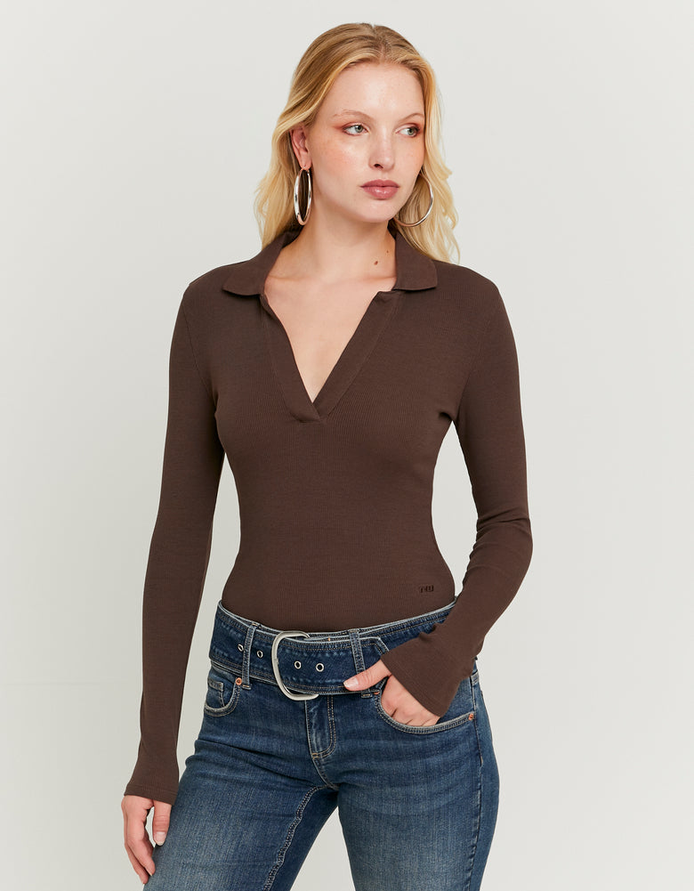 Ladies Brown V-Neck Bodysuit- Model Front View