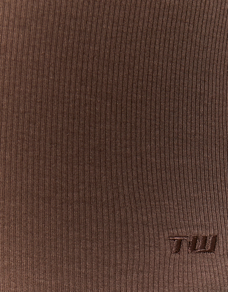 Ladies Brown V-Neck Bodysuit- Close Up View of the Top