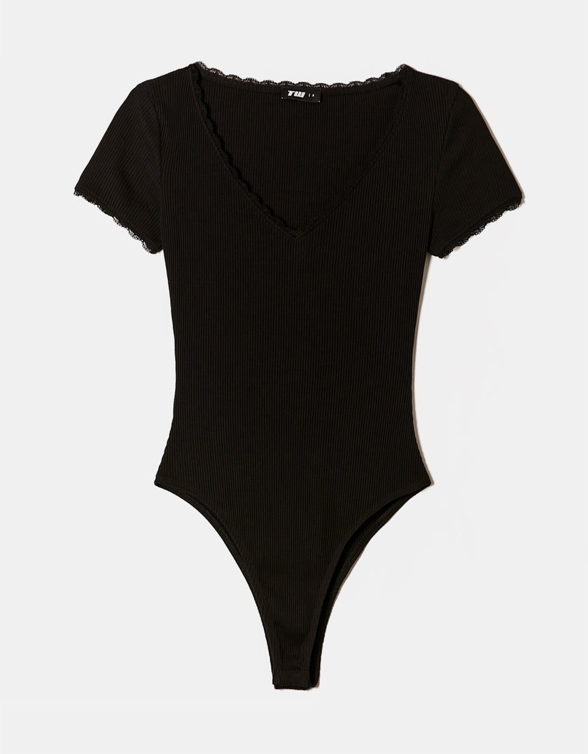 Ladies Black Basic Bodysuit With Lace Trims-Front View