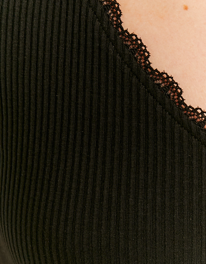Black Basic Bodysuit With Lace Trims