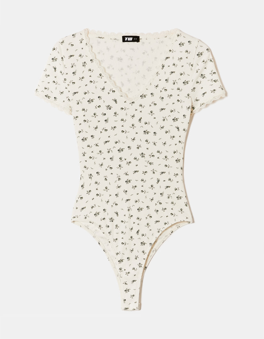 Ladies Floral Basic Bodysuit With Lace Trims-Front View