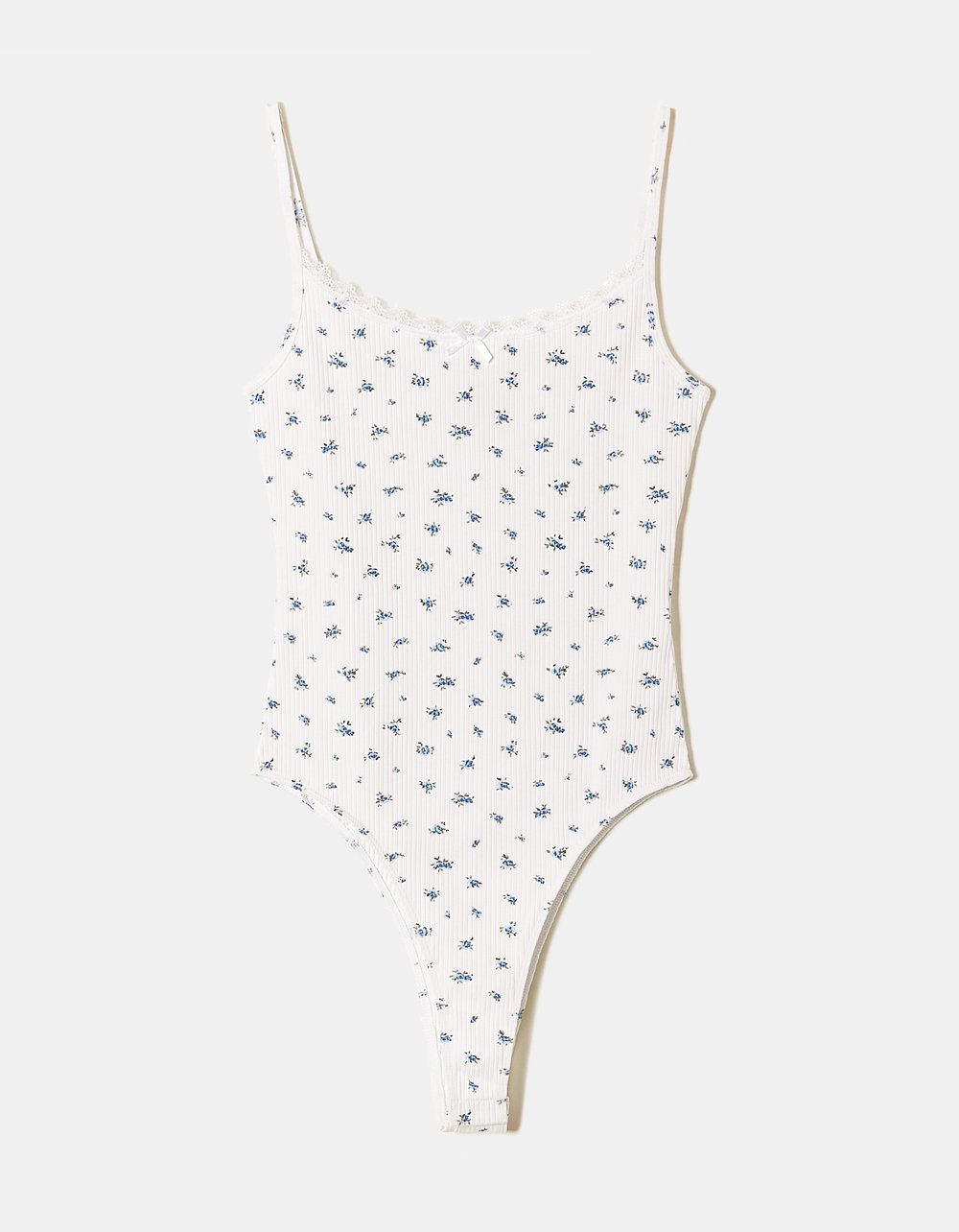 Ladies Floral Lace Trim Basic Bodysuit-Ghost Front View